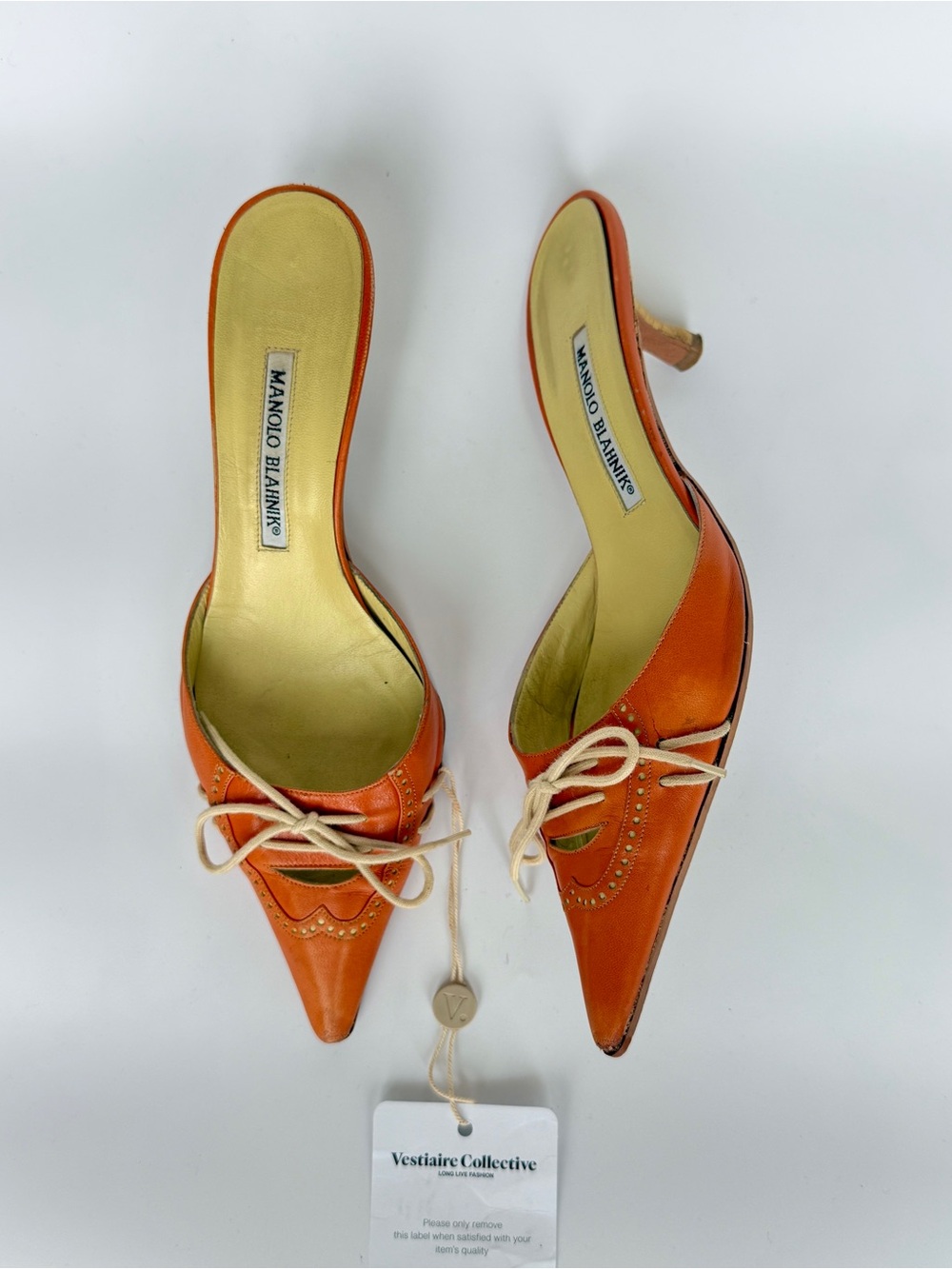 Vintage Manolo Blahnik Orange Pointed Lace-Up Mule with Laces size US 7 - Picture 2 of 6